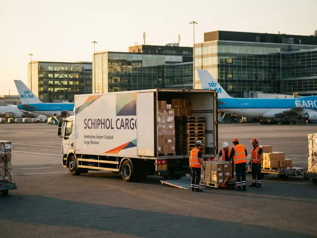 Vrachtwagen met open deuren wordt geladen door luchthavenmedewerkers op Schiphol cargo terminal bij zonsondergang