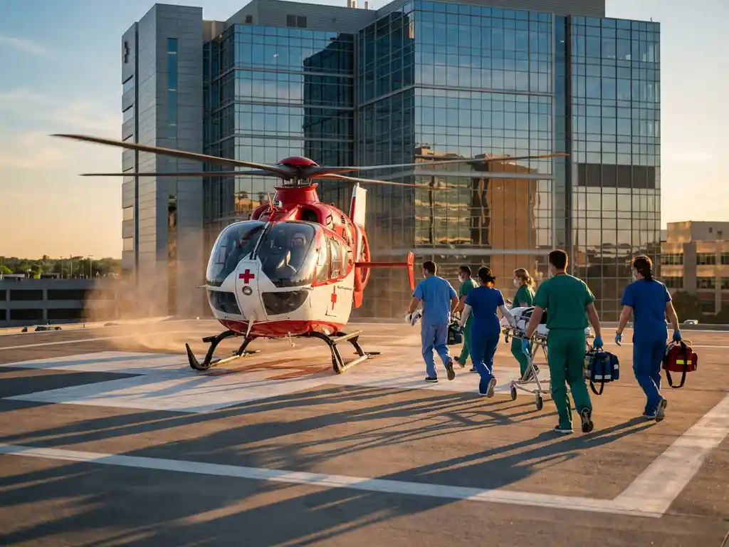 Medische helikopter met rode kruis markeringen landt op ziekenhuis heliplatform terwijl medisch personeel met nooduitrusting nadert