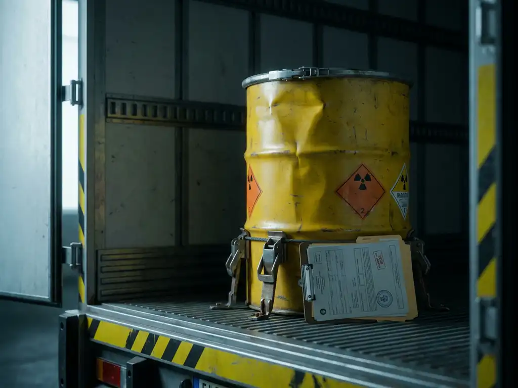 Verzegeld geel radioactief transportvat met metalen sluitingen en oranje gevarenborden in vrachtwageninterieur.