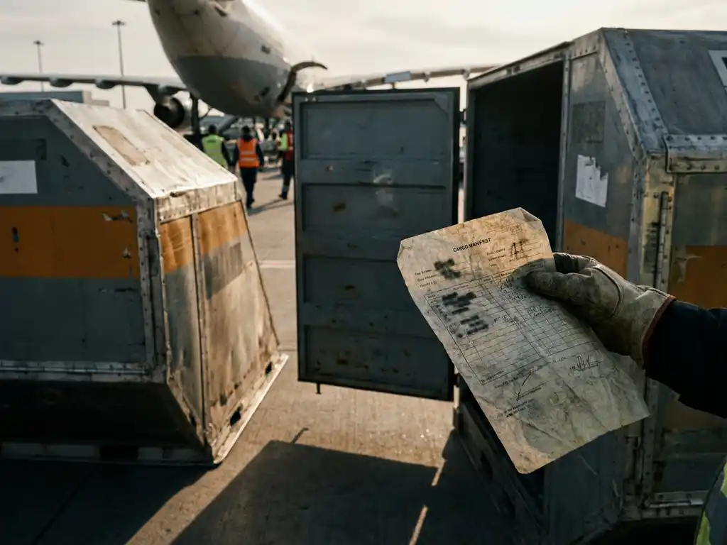 Douanebeambte met gehandschoende hand houdt vrachtmanifest naast open luchtvrachtcontainer op vliegveldtarmac, vrachtvliegtuig op achtergrond.
