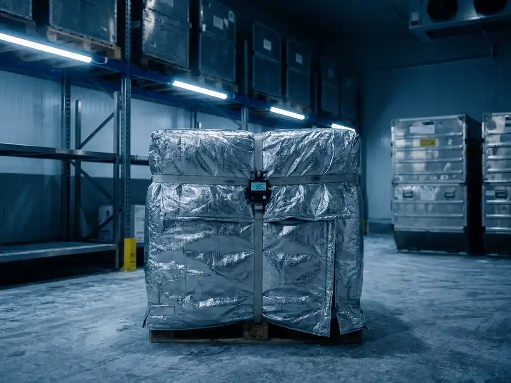 Farmaceutisch vracht pallet in zilveren thermische deken met digitale temperatuurlogger in gekoeld luchtvrachtterminal.