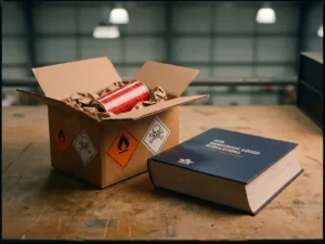 Kartonnen verzenddoos met gevaarlijke stoffen stickers en rode fakkelbuis, IATA-handboek gevaarlijke goederen ernaast op magazijntafel.