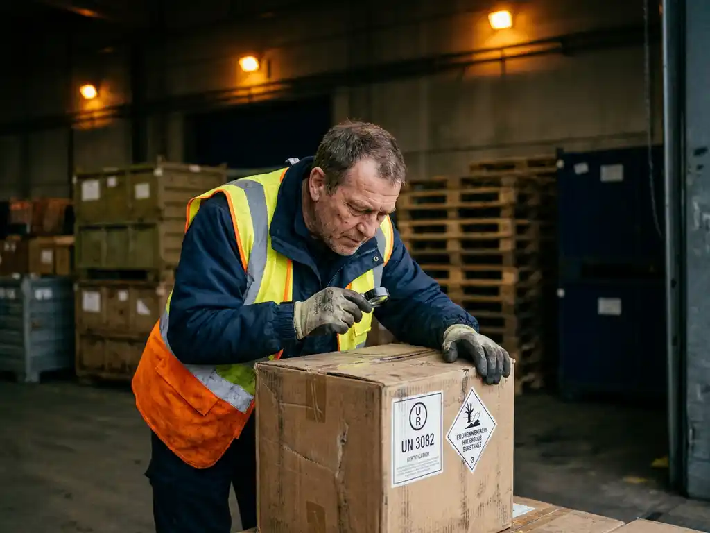 Vrachtmedewerker in veiligheidsvest inspecteert UN-certificeringsmarkeringen op gevaarlijk goed pakket op laaddok.