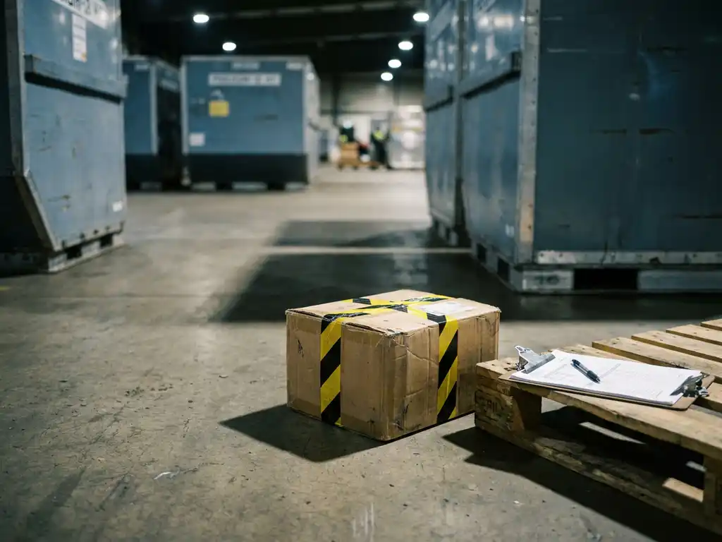 Klein kartonnen doos verzegeld met gevarenwaarschuwingstape op een luchthavenvloer, omgeven door vrachtcontainers en een inspectieklembord.