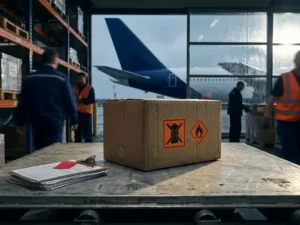 Lithiumbatterijpakket in gevaargoederen verpakking met waarschuwingssymbolen op luchthavencargo, rood gemarkeerd verzenddocument, vliegtuig op achtergrond.