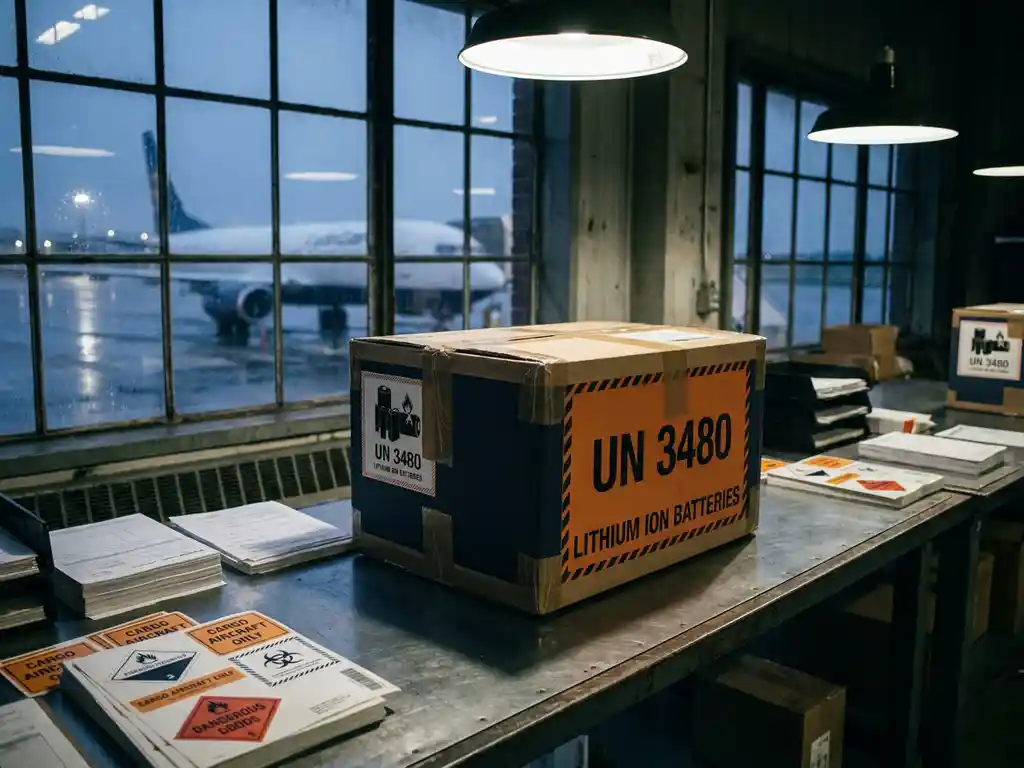 Lithiumbatterijpack in UN-gecertificeerde verpakking met gevaarlijke stoffen labels en luchtvrachtverzending op een stalen magazijntafel.