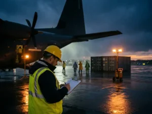 Logistiek coördinator in veiligheidsvest bestudeert klembord naast vrachtvliegtuig op regennat taxibaan bij schemering, vrachtcontainers op achtergrond.