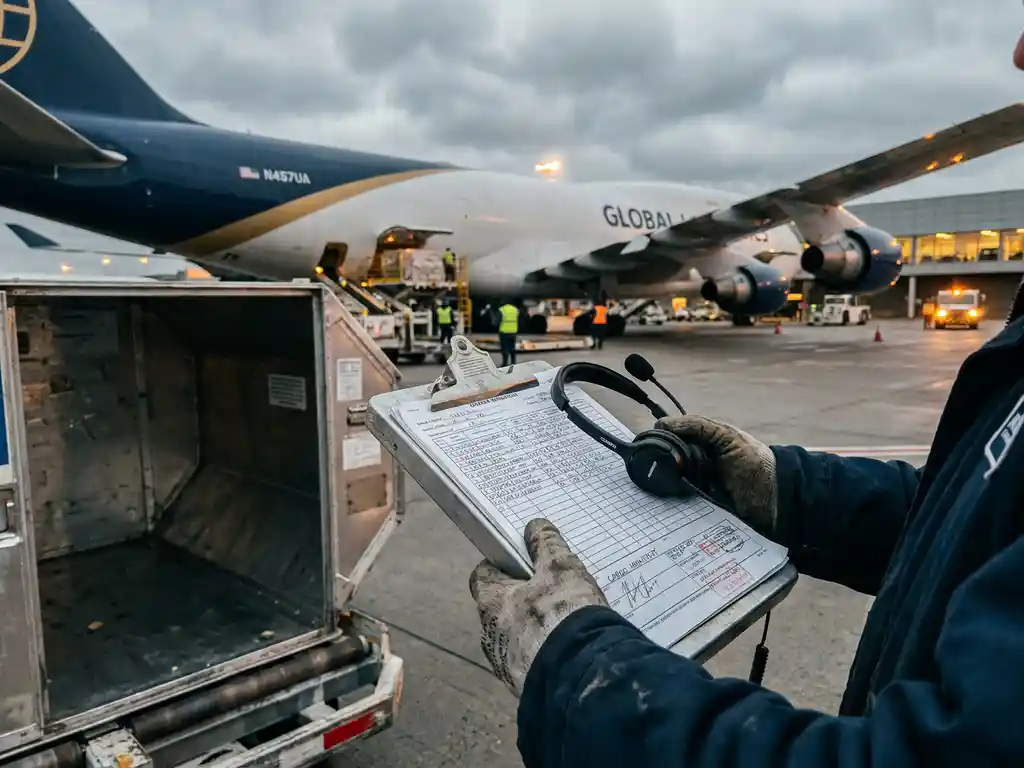 Logistiek coördinator houdt vrachtmanifest vast bij open luchtvrachtcontainer op druk vliegveld, cargo vliegtuig op achtergrond.