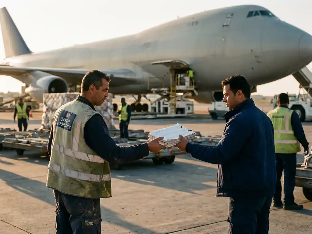 Logistiek specialist in veiligheidsvest overhandigt vrachtmanifest aan collega op vliegveldtarmac, met een vrachtvliegtuig op de achtergrond.