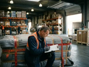 Vrachtmedewerker in veiligheidsvest controleert klembordchecklist naast beschermd fragiel vrachtpallet in Nederlands logistiek magazijn.