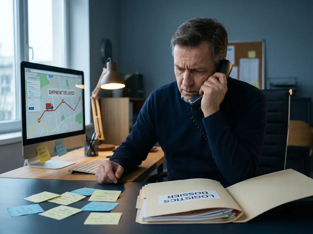 Vrachtmedewerker belt gespannen aan bureau met stilstaande zendingstracking op scherm, logistiekdossier en notities op voorgrond.