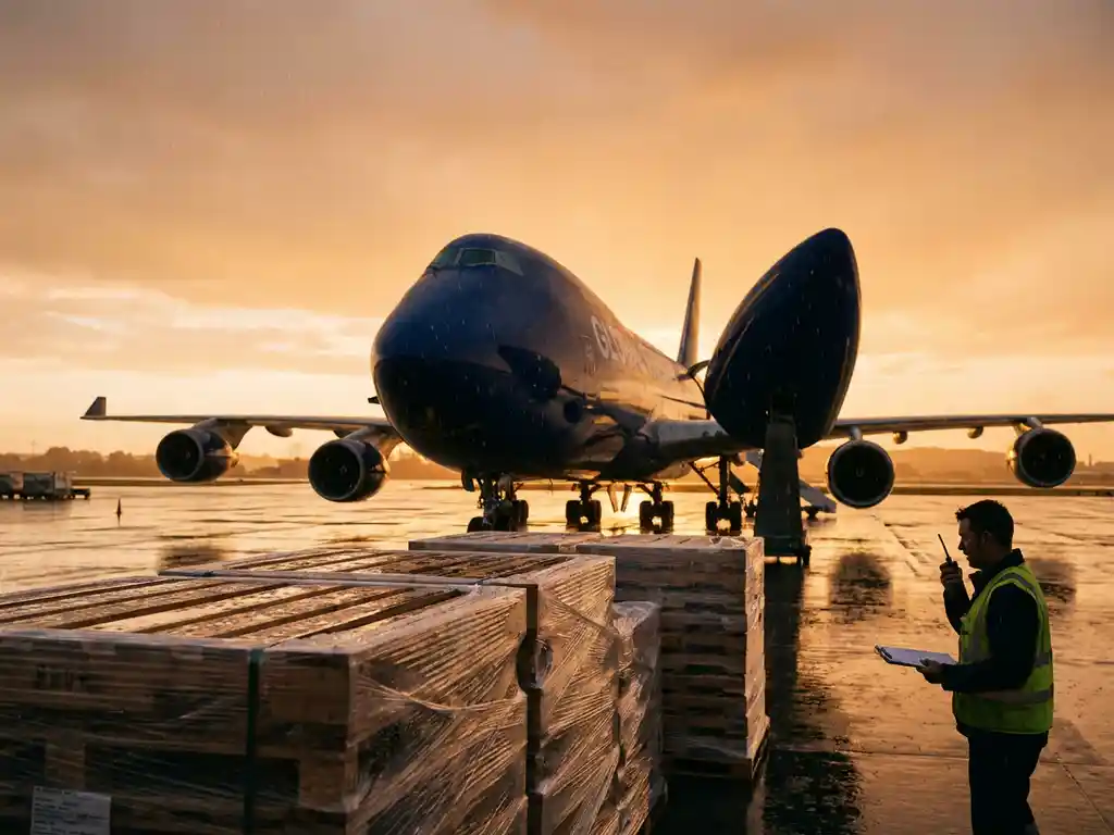 Vrachtvliegtuig stijgt op van nat landingsbaan bij gouden uur, met exportpallets in stretchfolie en grondpersoneel op de voorgrond.