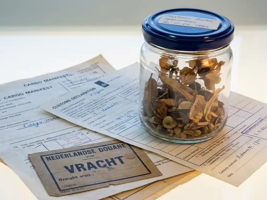 Verzegelde transparante monsterverpakking met gedroogde zaden op officiële vrachtdocumenten en douaneformulieren met Nederlands vrachtlabel.