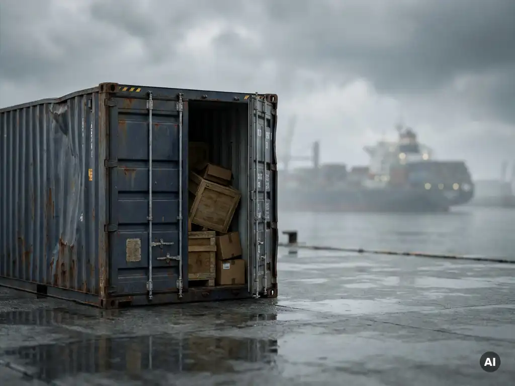 Beschadigde zeecontainer met openstaande deuren op natte kade, verplaatste lading zichtbaar, vrachtschip op mistige achtergrond.