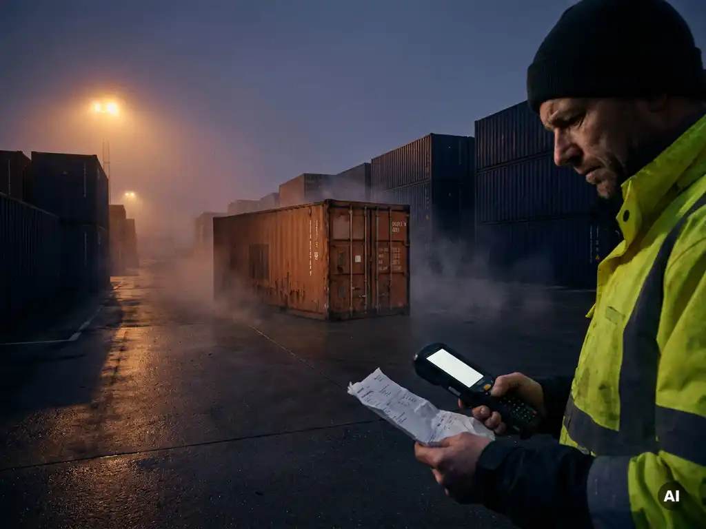 Logistiek medewerker bestudeert papieren manifest in mistige haventerminal bij schemering, omringd door gestapelde containers.
