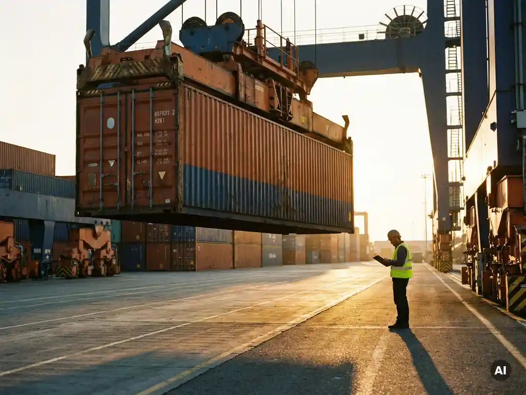 Havenkraan tilt een zeecontainer op tijdens het gouden uur, logistiek coördinator met klembord op de kade, gestapelde containers op de achtergrond.