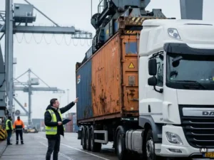 Versleten zeecontainer wordt gelost bij drukke Nederlandse haventerminal, met witte vrachtwagen en logistiek coördinator met klembord.