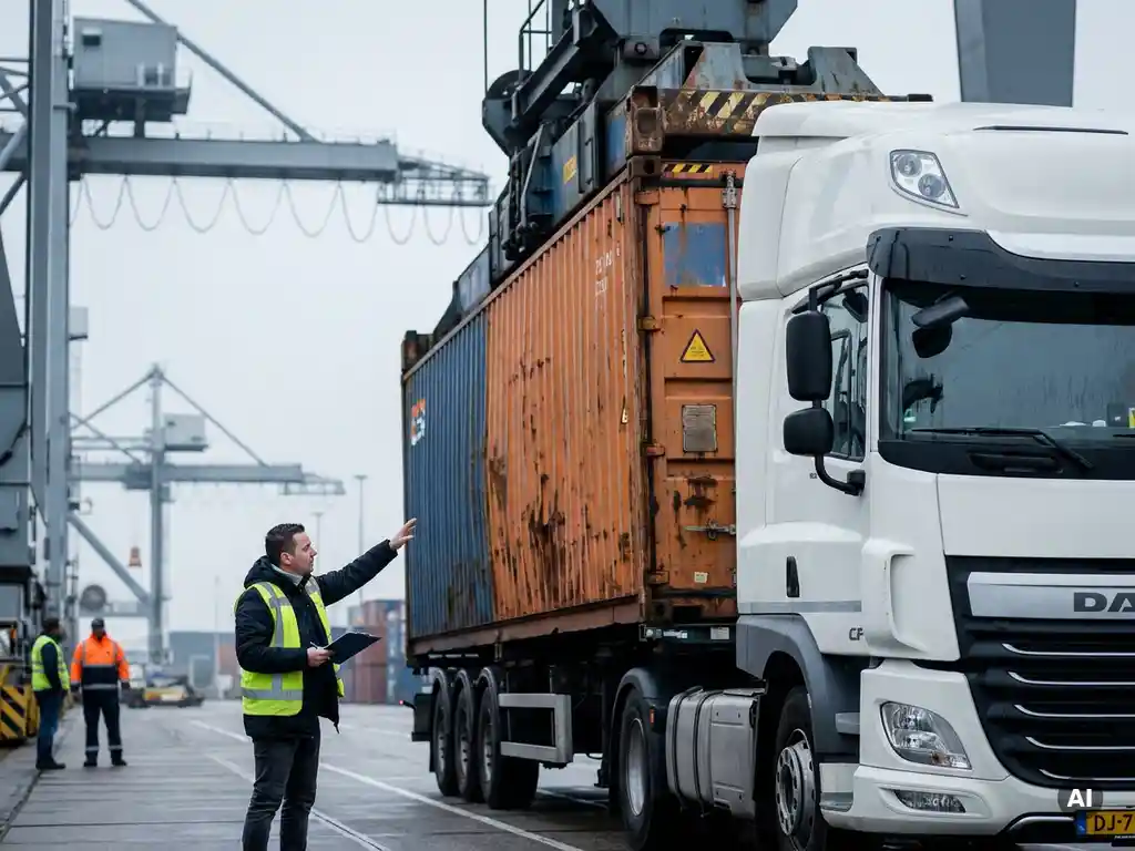 Versleten zeecontainer wordt gelost bij drukke Nederlandse haventerminal, met witte vrachtwagen en logistiek coördinator met klembord.
