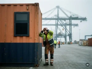 Gefrustreerde logistiek coördinator bij haventerminal naast een zeecontainer met uitgevallen trackingpaneel, kranen op de achtergrond.