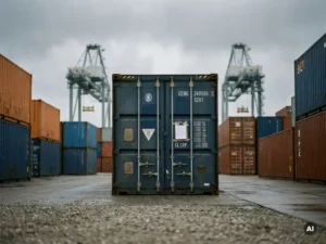 Scheepscontainer met douanepapieren en inspectiestickers op Rotterdam terminal, omgeven door gestapelde containers en kranen.