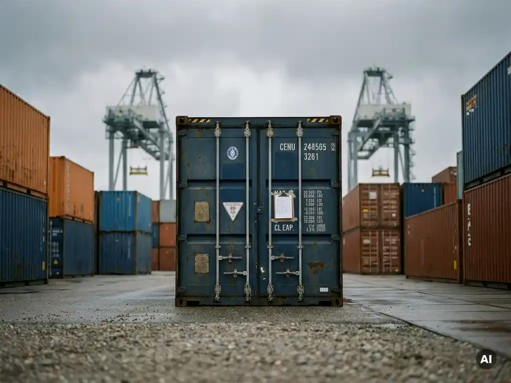 Scheepscontainer met douanepapieren en inspectiestickers op Rotterdam terminal, omgeven door gestapelde containers en kranen.