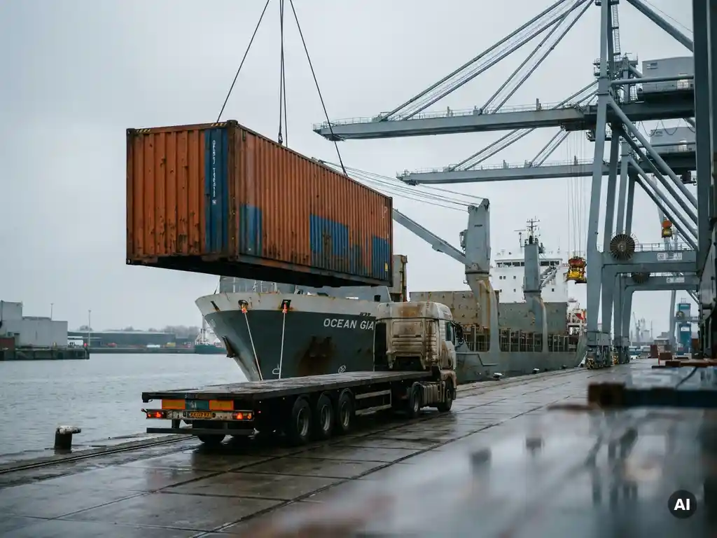 Stalen zeecontainer die door een havenkraan van een vrachtschip wordt gelost op de Rotterdamse haven, met een flatbedtruck op de kade.