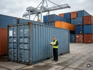 Douanebeambte in veiligheidsvest controleert papieren bij stalen zeecontainer op de haven van Rotterdam.