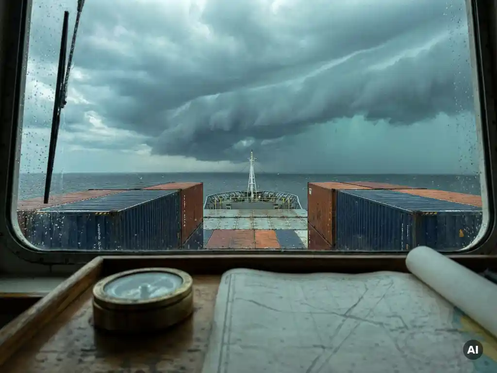 Vrachtschip met gestapelde containers vaart door open oceaan richting naderende storm, navigatiekaart en kompas op de brug op de voorgrond.