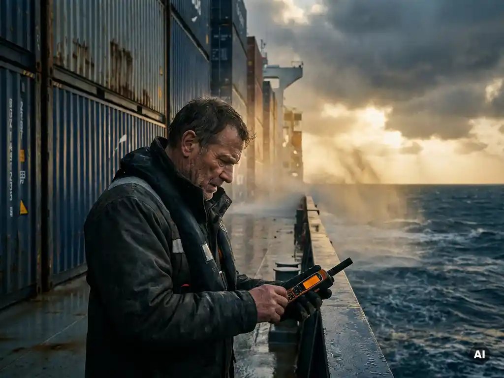 Expediteur op vrachtschip bestudeert satelliettelefoon, gestapelde zeecontainers op de achtergrond in gouden mistlicht.