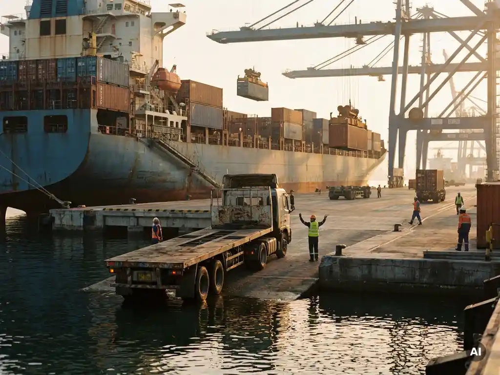 Vrachtwagen bij havenlaadkade terwijl havenarbeiders stalen zeecontainers lossen van een afgemeerd containerschip in het gouden middaglicht.