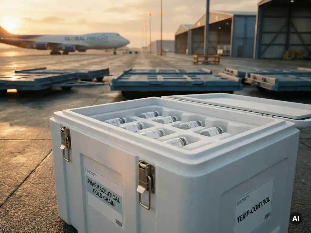 Farmaceutische koelketen-verzendcontainer met medicijnflacons in isolatieschuim op vliegveldtarmac, vrachttoestel op achtergrond.