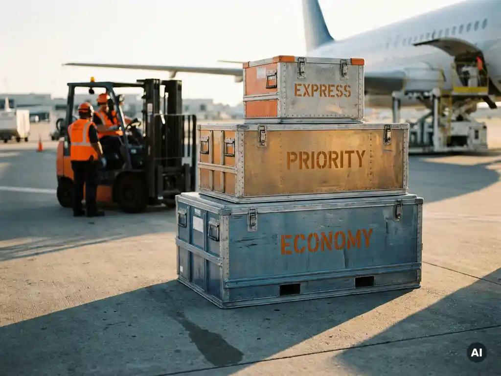 Drie luchtvrachtcontainers gelabeld economy, priority en express op een druk vliegveldtarmac naast een vrachtvliegtuig bij gouden avondlicht.