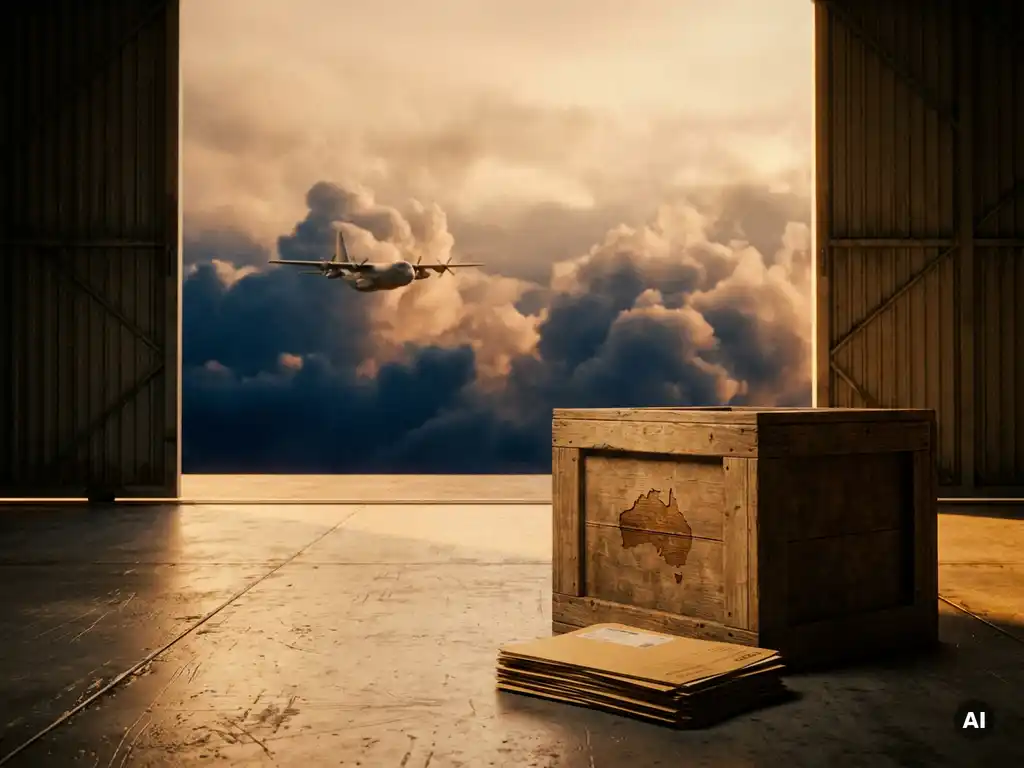 Vrachtvliegtuig boven dramatisch wolkendek met houten scheepskist en vrachtdocumenten op magazijnvloer, Australië-kaart op kist gegraveerd.