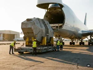 Oversized industriële machinedelen op pallet worden in een vrachtvliegtuig geladen tijdens gouden uursbelichting op het tarmac.
